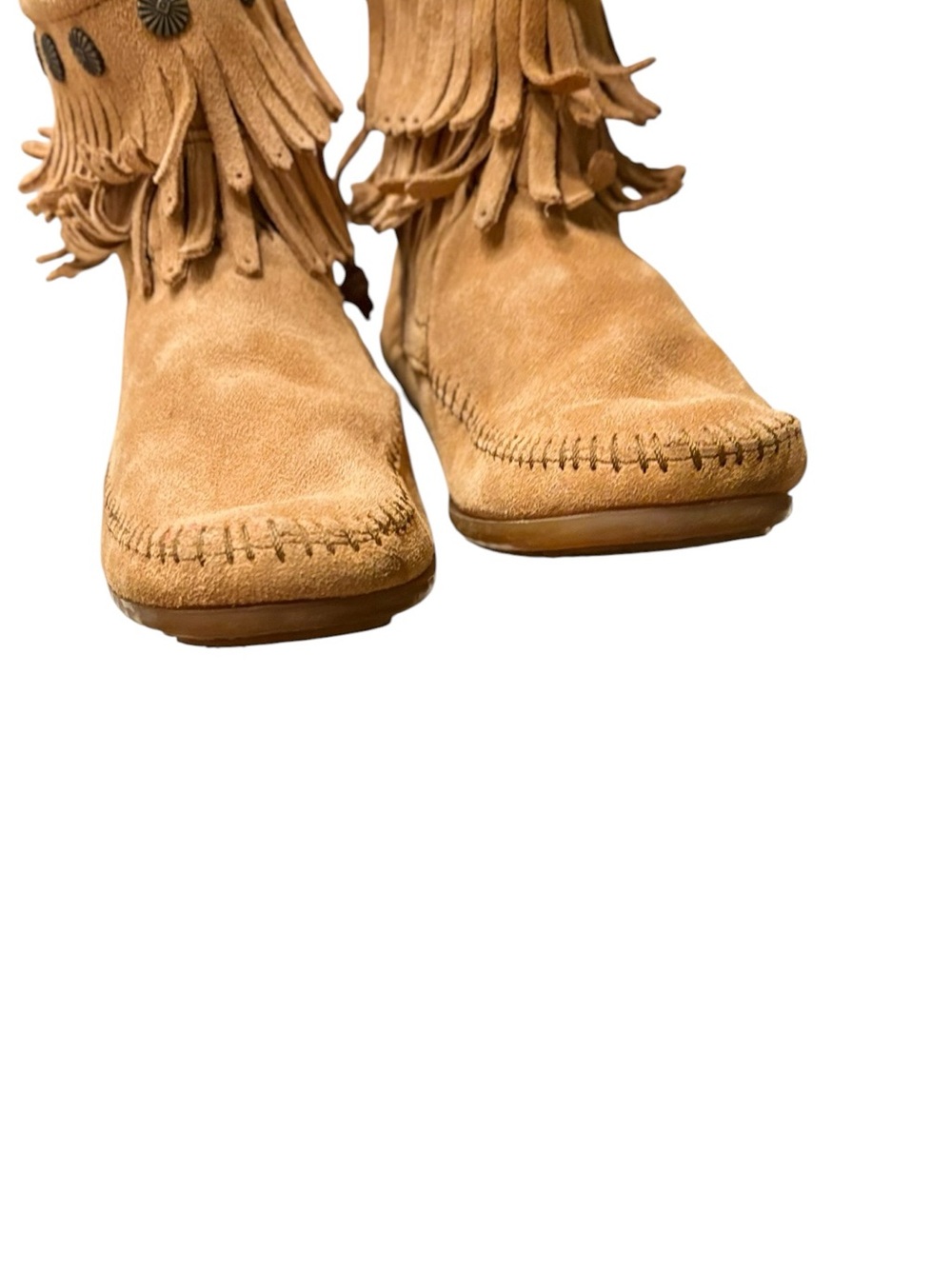 Minnetonka Tan Suede Moccasin Fringe Fall Cozy Short Boots Zip Closure sz 8.5 - Picture 5 of 15